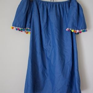 Off The Shoulder Swing Dress w/ Pom Poms